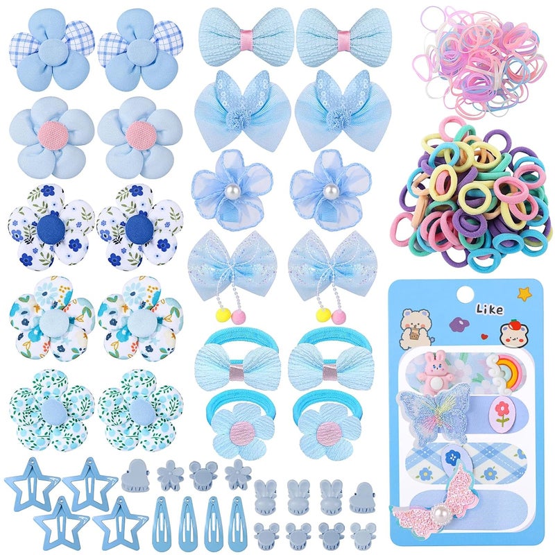 Cherocito 400 Pcs Baby Girls Hair Accessories Set,Baby Girls Hair Ties,Flower Bows Rubber Bands,Hair-friendly Hair Clip,Soft Elastic Hair Bands,Claw Clip(Blue) - Image 1